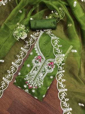green organza embroidered unstitched dressmaterials 3 pair top bottom dupptaa 1