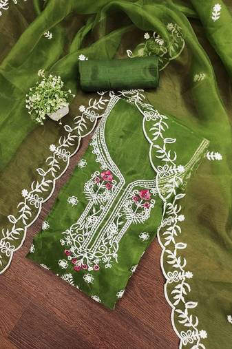 green organza embroidered unstitched dressmaterials 3 pair top bottom dupptaa