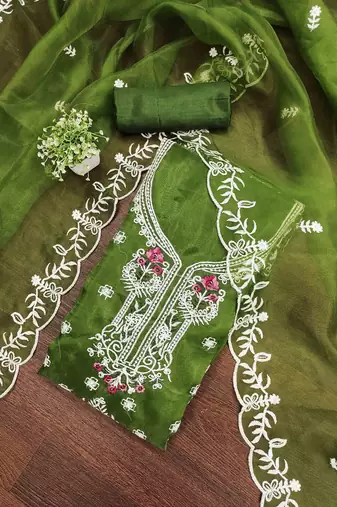 green organza embroidered unstitched dressmaterials 3 pair top bottom dupptaa