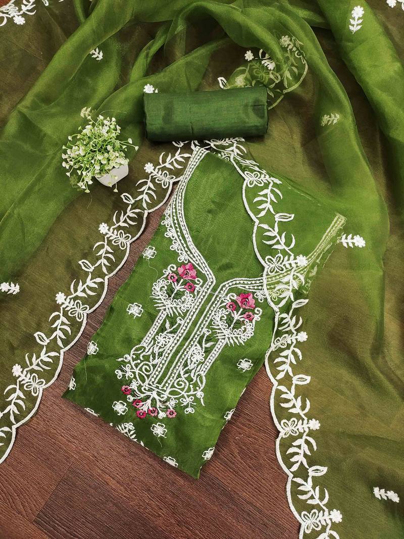 green organza embroidered unstitched dressmaterials 3 pair top bottom dupptaa