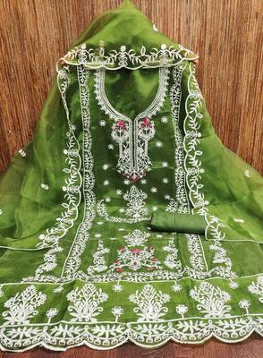 green organza embroidered unstitched dressmaterials 3 pair top bottom dupptaa 2