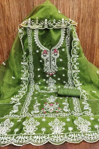 green organza embroidered unstitched dressmaterials 3 pair top bottom dupptaa
