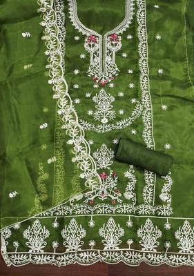 green organza embroidered unstitched dressmaterials 3 pair top bottom dupptaa 3