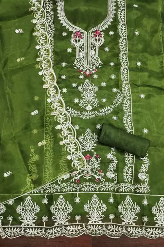 green organza embroidered unstitched dressmaterials 3 pair top bottom dupptaa