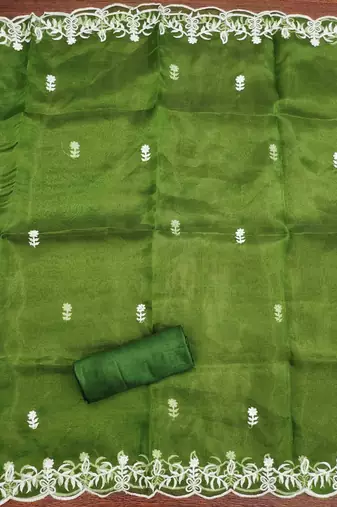 green organza embroidered unstitched dressmaterials 3 pair top bottom dupptaa