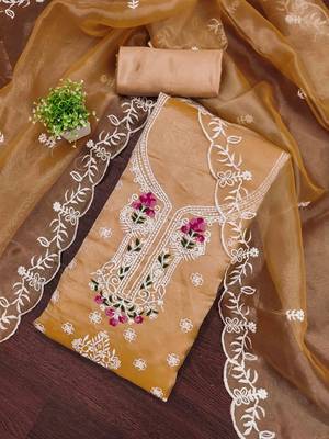 orange organza embroidered unstitched dressmaterials 3 pair top bottom dupptaa 1