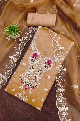 orange organza embroidered unstitched dressmaterials 3 pair top bottom dupptaa