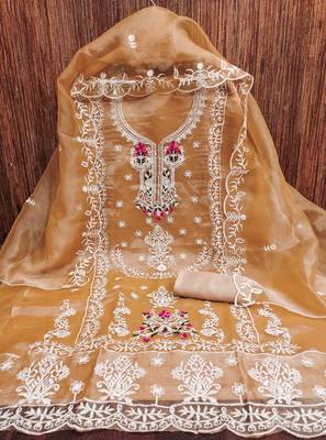 orange organza embroidered unstitched dressmaterials 3 pair top bottom dupptaa 2