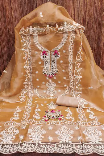 orange organza embroidered unstitched dressmaterials 3 pair top bottom dupptaa