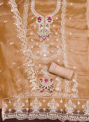 orange organza embroidered unstitched dressmaterials 3 pair top bottom dupptaa 3
