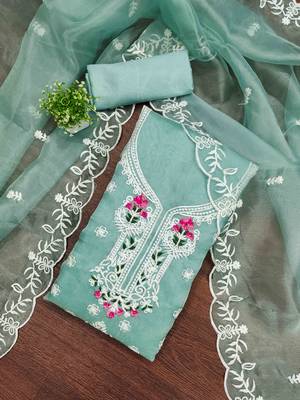 sky organza embroidered unstitched dressmaterials 3 pair top bottom dupptaa 1