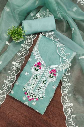 sky organza embroidered unstitched dressmaterials 3 pair top bottom dupptaa