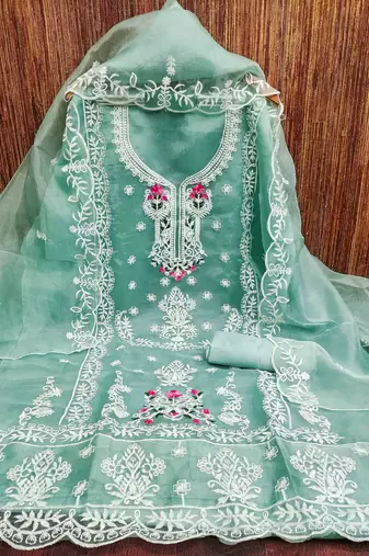 sky organza embroidered unstitched dressmaterials 3 pair top bottom dupptaa