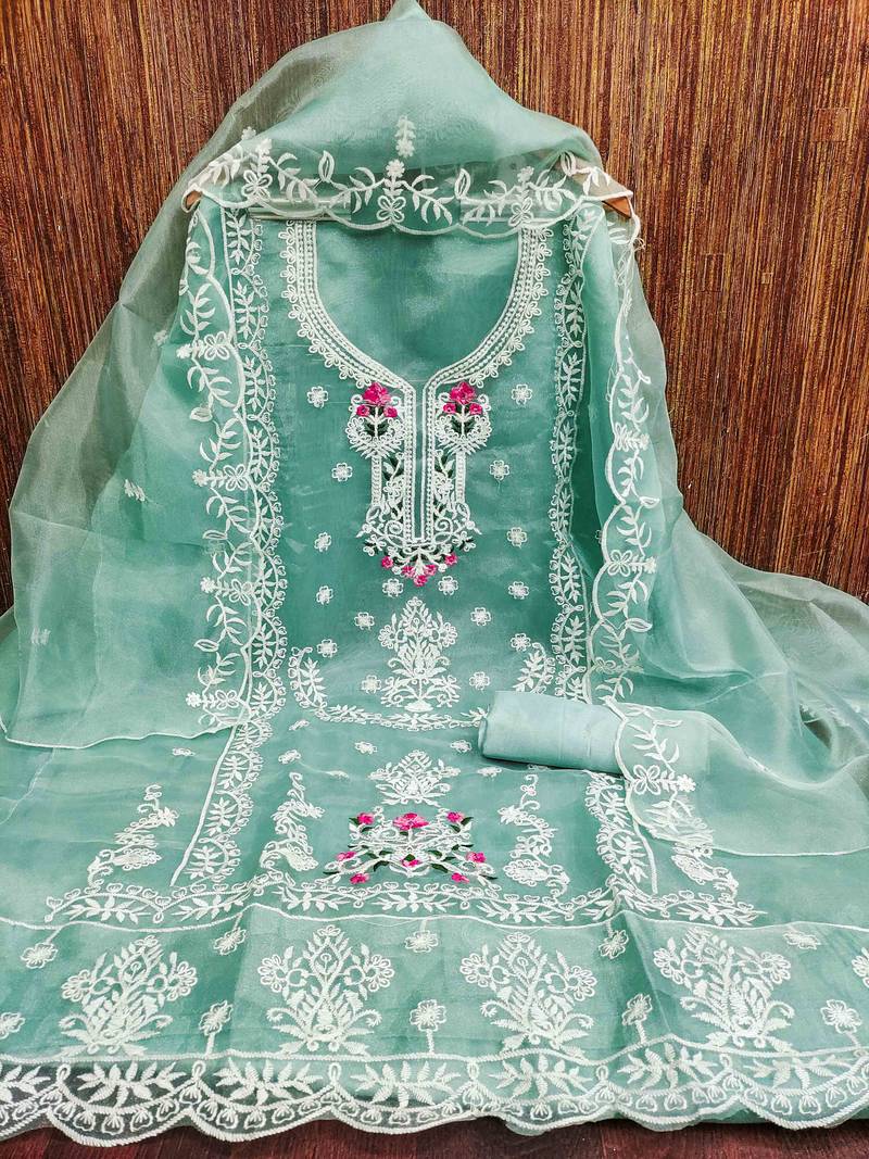 sky organza embroidered unstitched dressmaterials 3 pair top bottom dupptaa