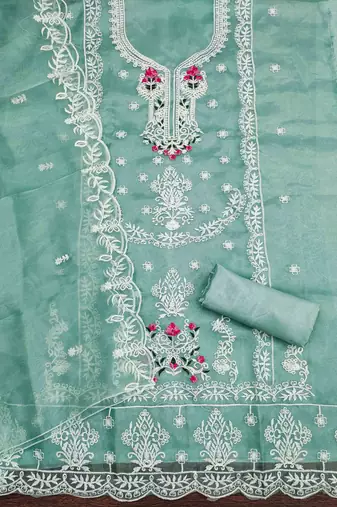sky organza embroidered unstitched dressmaterials 3 pair top bottom dupptaa