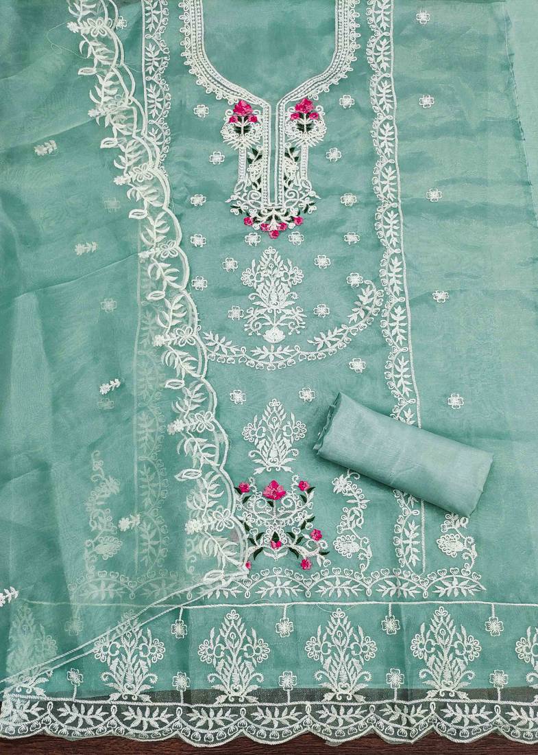 sky organza embroidered unstitched dressmaterials 3 pair top bottom dupptaa