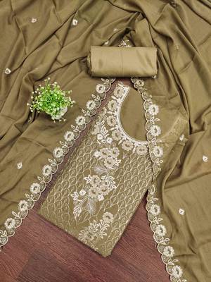 Cream georgette embroidered unstitched dressmaterials 3 pair top bottom dupptaa 1