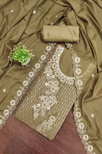 cream georgette embroidered unstitched dressmaterials 3 pair top bottom dupptaa