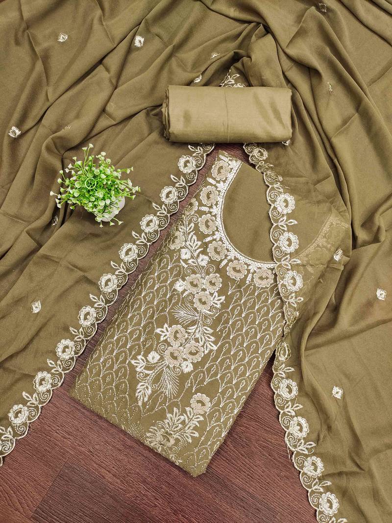 Cream georgette embroidered unstitched dressmaterials 3 pair top bottom dupptaa