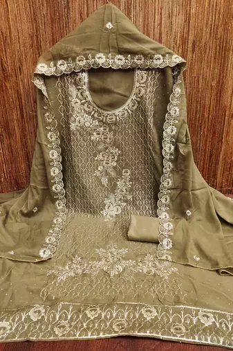 cream georgette embroidered unstitched dressmaterials 3 pair top bottom dupptaa