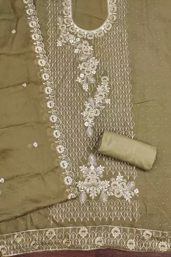 cream georgette embroidered unstitched dressmaterials 3 pair top bottom dupptaa