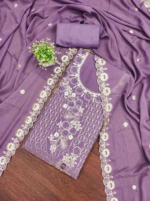 Lavender georgette embroidered unstitched dressmaterials 3 pair top bottom dupptaa 1