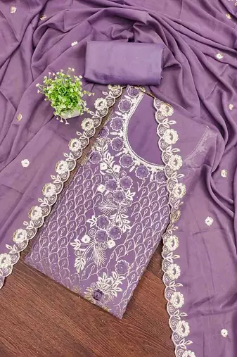 lavender georgette embroidered unstitched dressmaterials 3 pair top bottom dupptaa