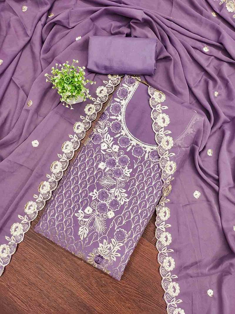 Lavender georgette embroidered unstitched dressmaterials 3 pair top bottom dupptaa