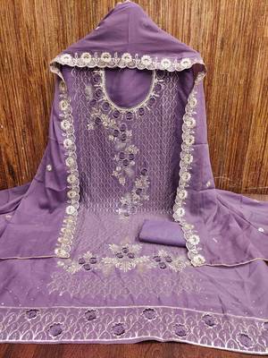 Lavender georgette embroidered unstitched dressmaterials 3 pair top bottom dupptaa 2