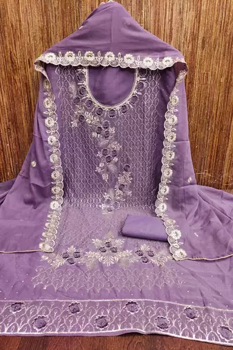lavender georgette embroidered unstitched dressmaterials 3 pair top bottom dupptaa