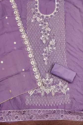lavender georgette embroidered unstitched dressmaterials 3 pair top bottom dupptaa