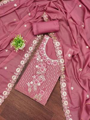 Pink georgette embroidered unstitched dressmaterials 3 pair top bottom dupptaa 1