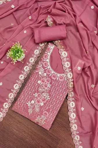 pink georgette embroidered unstitched dressmaterials 3 pair top bottom dupptaa