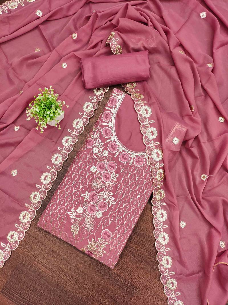 Pink georgette embroidered unstitched dressmaterials 3 pair top bottom dupptaa