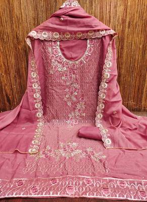 Pink georgette embroidered unstitched dressmaterials 3 pair top bottom dupptaa 2