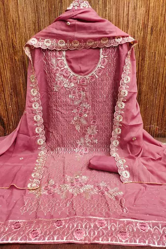 pink georgette embroidered unstitched dressmaterials 3 pair top bottom dupptaa