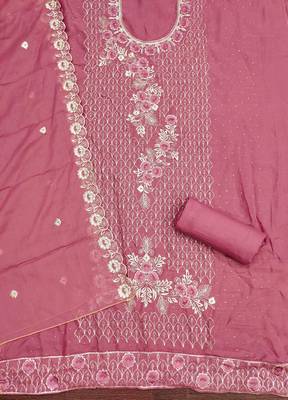 Pink georgette embroidered unstitched dressmaterials 3 pair top bottom dupptaa 3