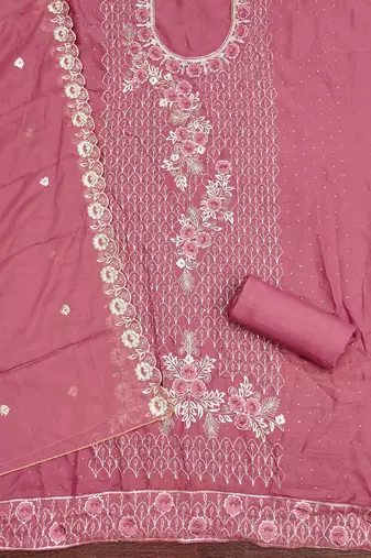 pink georgette embroidered unstitched dressmaterials 3 pair top bottom dupptaa