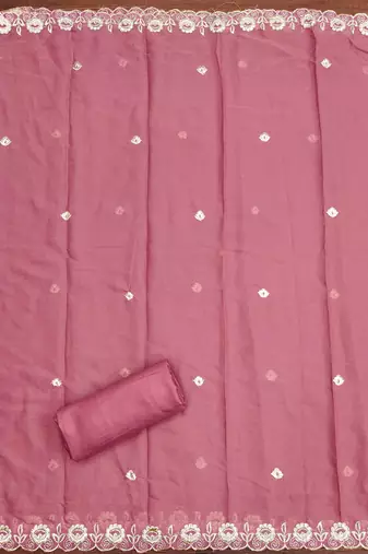 pink georgette embroidered unstitched dressmaterials 3 pair top bottom dupptaa