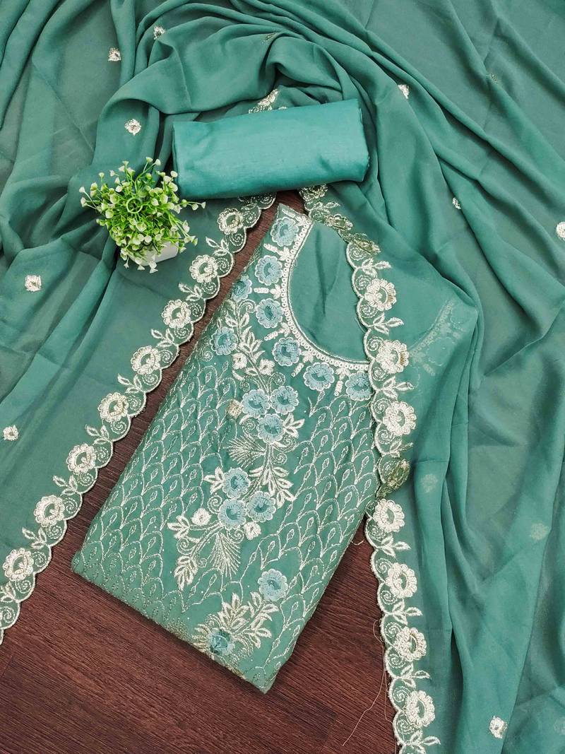 Indigo georgette embroidered unstitched dressmaterials 3 pair top bottom dupptaa