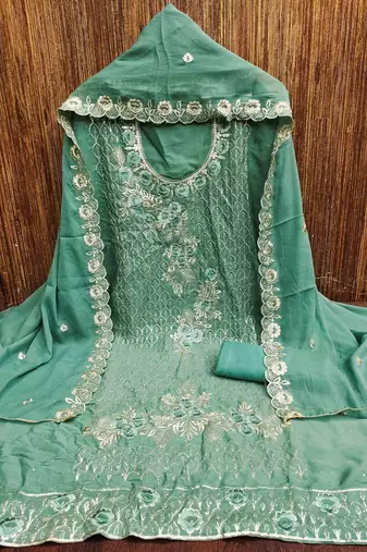 indigo georgette embroidered unstitched dressmaterials 3 pair top bottom dupptaa