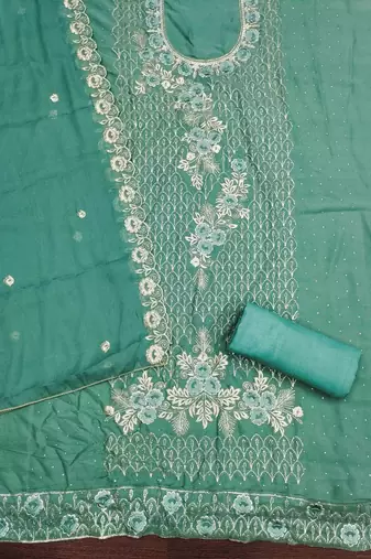 indigo georgette embroidered unstitched dressmaterials 3 pair top bottom dupptaa