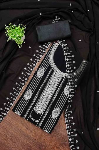 black georgette embroidered unstitched dressmaterials 3 pair top bottom dupptaa