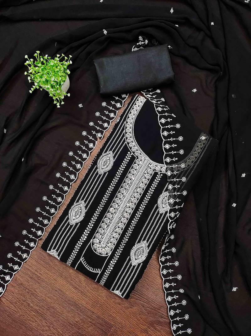 black georgette embroidered unstitched dressmaterials 3 pair top bottom dupptaa