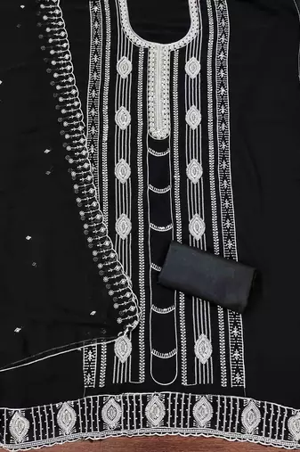 black georgette embroidered unstitched dressmaterials 3 pair top bottom dupptaa