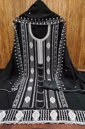 black georgette embroidered unstitched dressmaterials 3 pair top bottom dupptaa