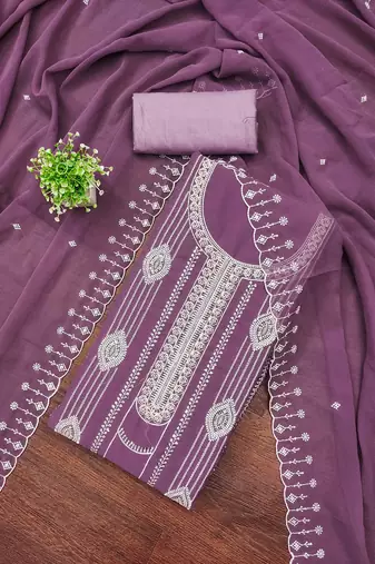 lavender georgette embroidered unstitched dressmaterials 3 pair top bottom dupptaa