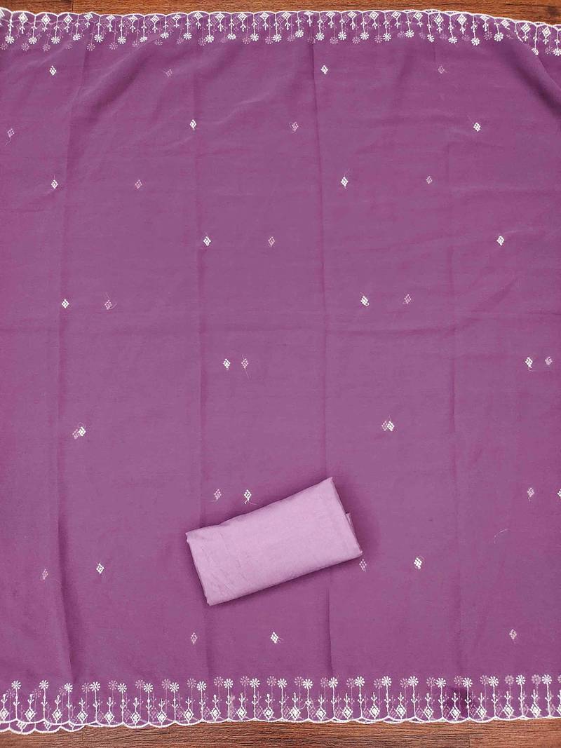 lavender georgette embroidered unstitched dressmaterials 3 pair top bottom dupptaa