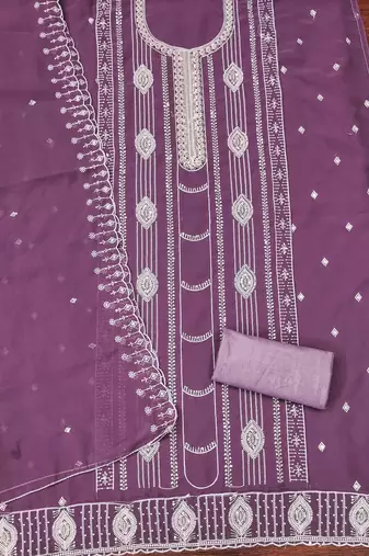 lavender georgette embroidered unstitched dressmaterials 3 pair top bottom dupptaa