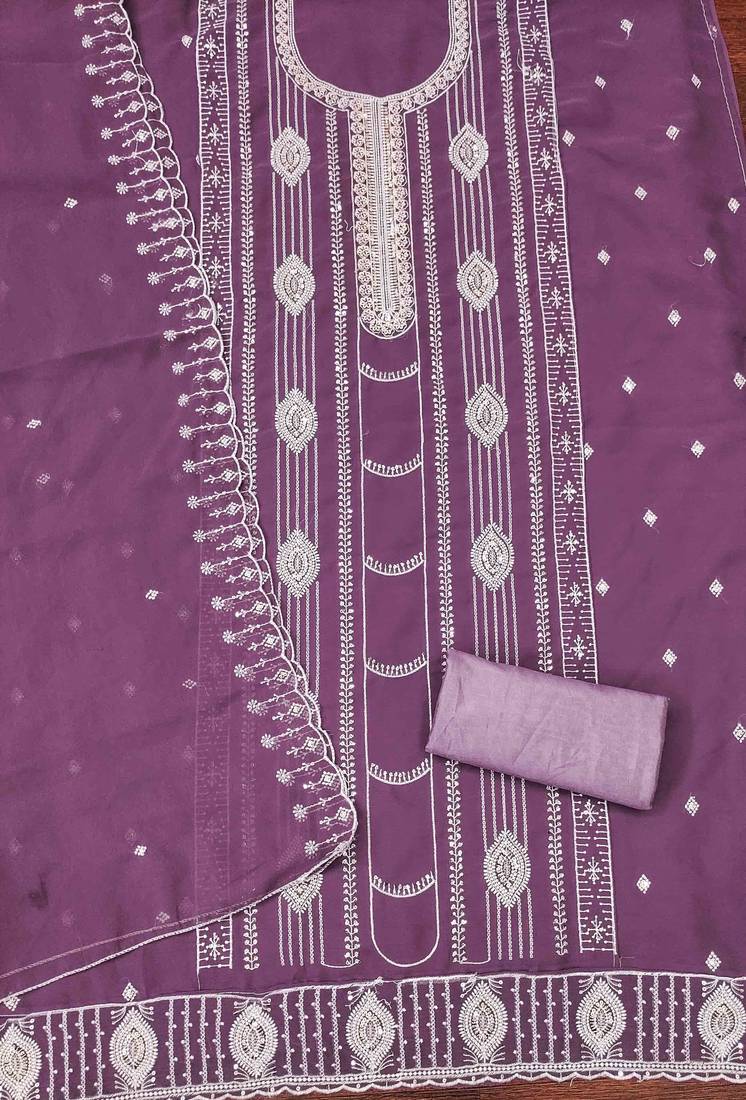 lavender georgette embroidered unstitched dressmaterials 3 pair top bottom dupptaa